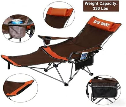 2 Pack Adjustable Folding Camping Chairs with Detachable Footrest and Headrest, Lightweight and Portable, Ideal for Hiking, Travel, Fishing and Outdoor Activities (Orange)