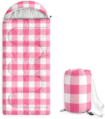 Wake In Cloud - Kids Sleeping Bag for Boys Girls Toddlers, Camping in Warm Cold Weather, Backpacking Lightweight Compact Outdoor Liner for 3 Seasons, Gingham Plaid