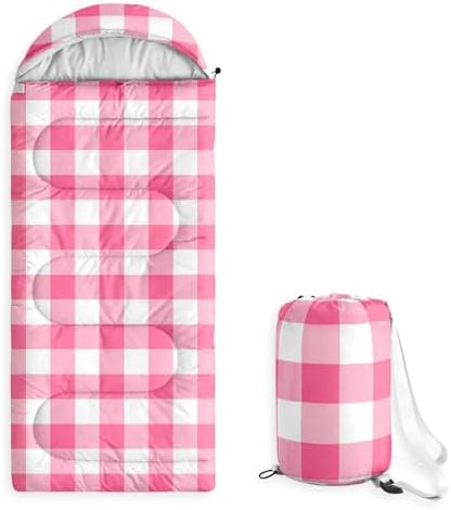 Wake In Cloud - Kids Sleeping Bag for Boys Girls Toddlers, Camping in Warm Cold Weather, Backpacking Lightweight Compact Outdoor Liner for 3 Seasons, Gingham Plaid