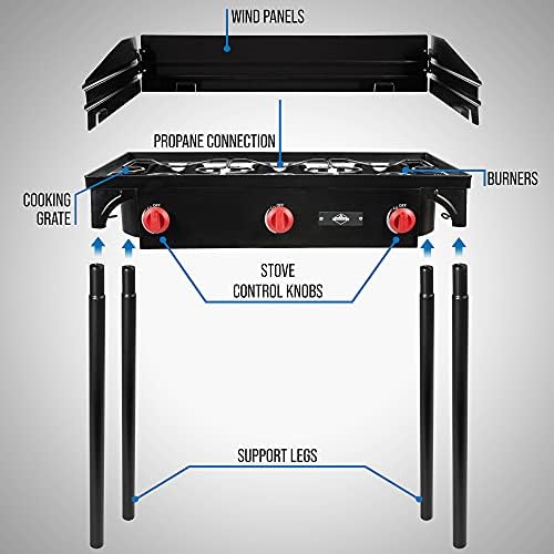 Hike Crew Cast Iron 3-Burner Outdoor Gas Stove | 225,000 BTU Portable Propane Cooktop w/Blue Flame Control, Removable Legs, Temperature Control Knobs, Wind Panel, Hose, Regulator & Storage Carry Case