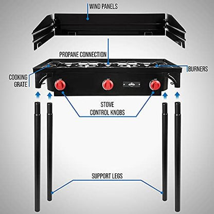 Hike Crew Cast Iron 3-Burner Outdoor Gas Stove | 225,000 BTU Portable Propane Cooktop w/Blue Flame Control, Removable Legs, Temperature Control Knobs, Wind Panel, Hose, Regulator & Storage Carry Case