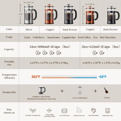 Veken French Press Coffee Maker,No Plastic Touching Cafe,34oz 1L Cafetera,Heat Resistant Thickened Borosilicate Glass Stainless Steel Brewer,Pot for Kitchen,Travel,Camping,Tea,Gifts,Copper (Pack of 2)