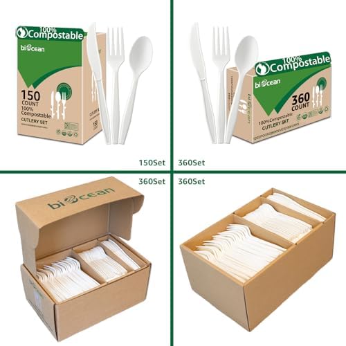100% Compostable No Plastic Utensils - Heavy Duty Eco-Friendly Flatware for Lounge, Party, Wedding, BBQ, Picnic, Camping [Utensils Set, 360 Count]