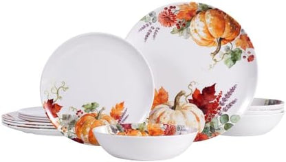 Melamine Dinnerware Set for 4, 12-Piece Pumpkin Plates and Bowls, BPA-Free