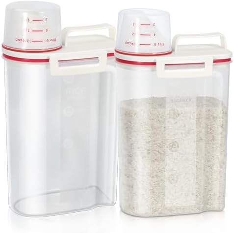 TBMax 2 Pack Rice Storage Containers 4 Lbs, Small Rice Dispenser with Measuring Cup, Cereal Containers Flour Bin, Kitchen Food Storage Container and Pantry Organizers, Pet Dog Cat Food Dispenser