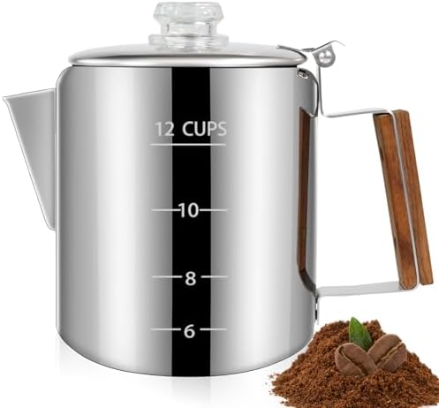 12 Cup Percolator 304 Stainless Steel Coffee Pot Coffee Maker Coffee Machine with Solid Wood Handle Transparent Knob Stovetop Greca Mocha for Induction Home and Camping 2200ml 74.4oz