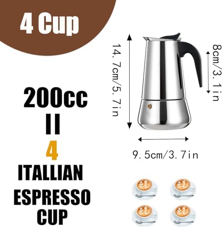 4 Cup Stovetop Espresso Maker Stainless Steel Moka Pot Stove Top Percolator Italian Coffee Makers Capable Mocha Greca Machine Cafe Classic Induction Cookers for Home and Camping 200ml 6.6oz
