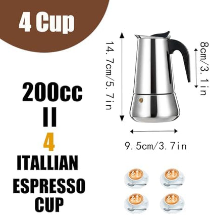 4 Cup Stovetop Espresso Maker Stainless Steel Moka Pot Stove Top Percolator Italian Coffee Makers Capable Mocha Greca Machine Cafe Classic Induction Cookers for Home and Camping 200ml 6.6oz