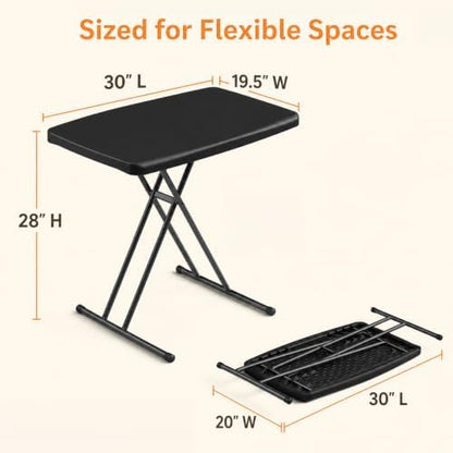 Folding Table 30 Inch, TV Tray with 3 Levels Adjustable Height, Heavy Duty No Assembly Foldable Small Table for Eating or Working on Couch, Living Room, Office, Indoor and Outdoor Use(Black)