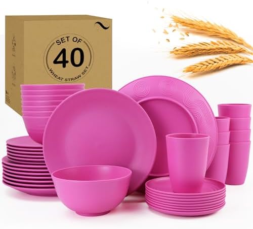 PYRMONT Wheat Straw Pink Plates and Bowls Sets 40 Pcs Unbreakable Dish Set