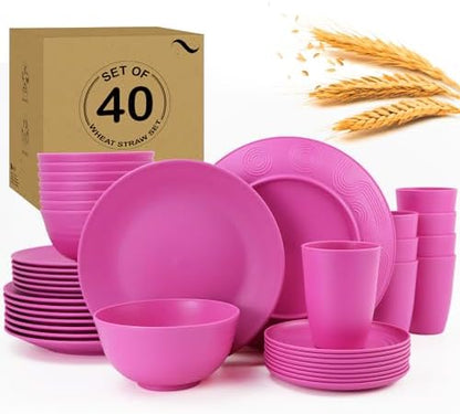 PYRMONT Wheat Straw Pink Plates and Bowls Sets 40 Pcs Unbreakable Dish Set