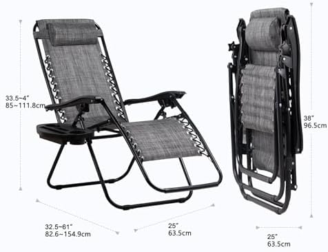 Nazhura Set of 2 Relaxing Recliners Patio Chairs Adjustable Steel Mesh Zero Gravity Lounge Chair Beach Chairs with Pillow and Cup Holder(Grey)