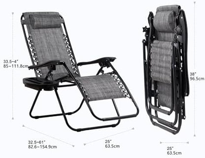Nazhura Set of 2 Relaxing Recliners Patio Chairs Adjustable Steel Mesh Zero Gravity Lounge Chair Beach Chairs with Pillow and Cup Holder(Grey)