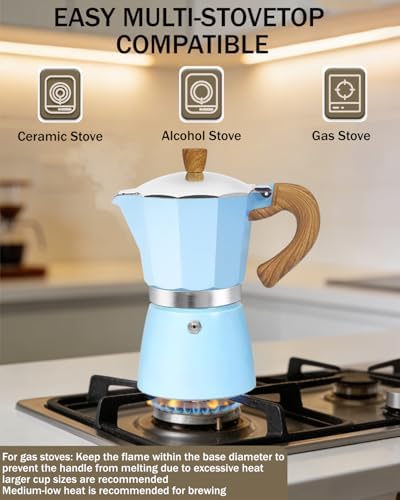Coffee Maker Stovetop Espresso Maker 9 Cup Aluminum Moka Pot Percolator 15oz 450ml Easy Brewing for Electric Ceramic Stoves Home Camping Italian Cuban Café Classic Blue