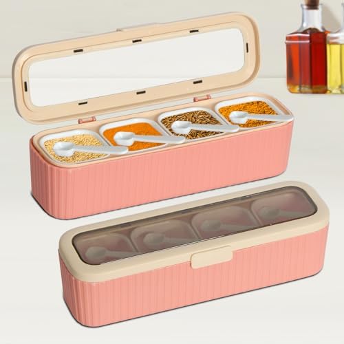 Clear Seasoning Box, 4 Packs Seasoning Rack Spice Pots, Condiment Jars Seasoning Box with Clear Covers and Spoons for Spice, Sugar, Salt, Pepper, Garlic Powder (Pink)