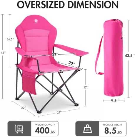 EVER ADVANCED Oversized Camping Chairs, Folding Chairs for Outside Heavy Duty 400LBS Lawn Chairs High Back Camp Chair with Cup Holder for Outdoor, Fishing & Sports, Pink