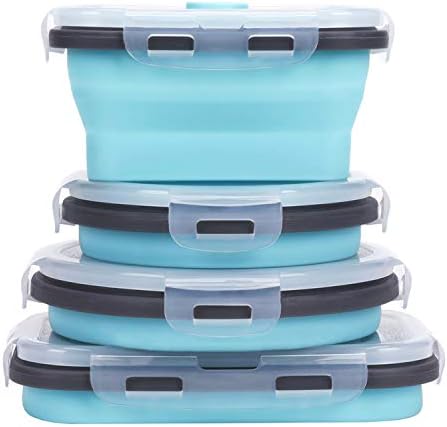 KUON Collapsible Silicone Food Storage Containers with Airtight Lids, Set of 4 Stacking Container, Microwave and Freezer and Dishwasher Safe, with Vent Valve, BPA Free (350ml and 500ml)