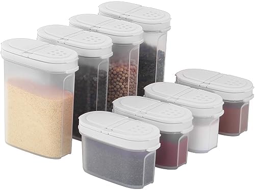 SIGNORA WARE Plastic Spice Containers – Spice Jar Set 8 Pack, 4 Mini, 4 Large – Spice Jars to Store Spices, Herbs, Marinade, Sugar, Salt, Pepper – Refillable Airtight Small Spice Jars with 2 Way Lids
