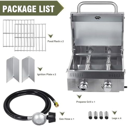 Bestfire Tabletop Gas Grill 2 Burners, 20,000 BTUs Stainless Steel Portable Propane Grill with Legs for Outdoor Patio Backyard Camping, Tailgating, and RV Trips