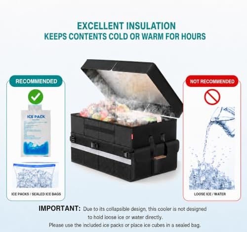 Cooler Bag – Soft Travel Cooler Holds 45 Cans, Stays Cold for 8H & Warm for 7H – Portable Car Trunk Organizer for Camping, Beach, Picnic-Black