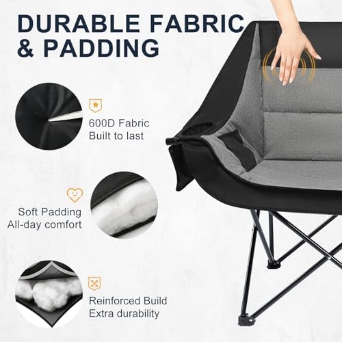 Double Camping Chair 2 Person Loveseat, 800LBS Heavy Duty Chair, Grey