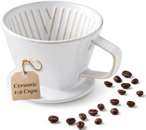 Gomakren Ceramic Pour Over Coffee Dripper, 3-Hole Cone Brewer, White