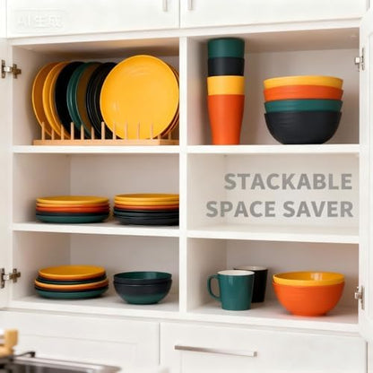 Wheat Straw Dinnerware Set for 4, 16PCS Unbreakable Plates Bowls Cups, Microwave & Dishwasher Safe Plastic Dishes, Lightweight Reusable Dinnerware for Kitchen, Camping, RV & Dorm(Macaron)