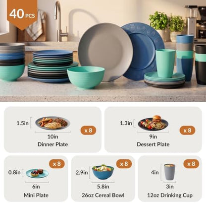 Homienly 40 Piece Premium Wheat Straw Dinnerware Sets for 8 Unbreakable Plates and Bowls Sets Microwave and Dishwasher Safe Dinner Plates Set Camping, Apartment, Kids, Outdoor, RV, Party-Nightscape