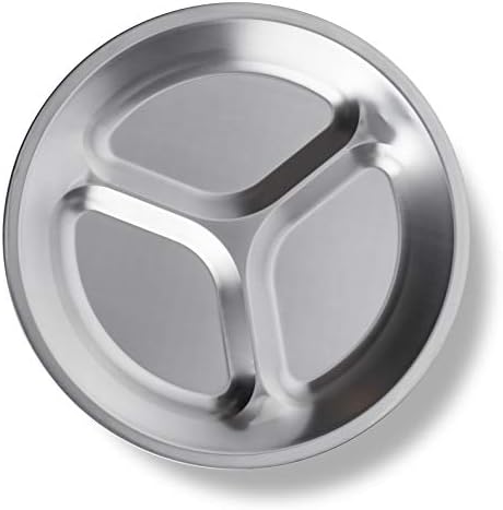 Stainless Steel Plate Set - Portable Dinnerware Set of 4 Round BPA Free, Sectioned Plates with Mesh Travel Bag for Outdoor Camping | Hiking | Picnic | BBQ | Beach
