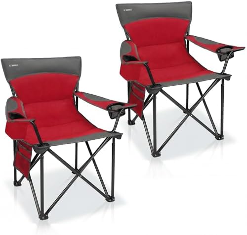 Oversized Camping Chair for Adults - 2 Pack Padded Lawn Chairs with Cup Holder & Side Pocket,Heavy Duty Folding Outdoor Chairs for Camp,Sports,Picnic,Beach,Red