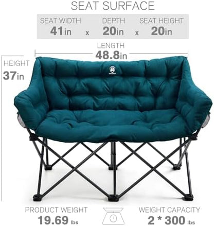 EVER ADVANCED Double Camping Chair for Adults, Padded Folding Camping Love Seat with Side Pocket Portable Camping Couch, Two Person Heavy Duty Folding Outdoor Chair with Cushion,Support 600lbs,Green