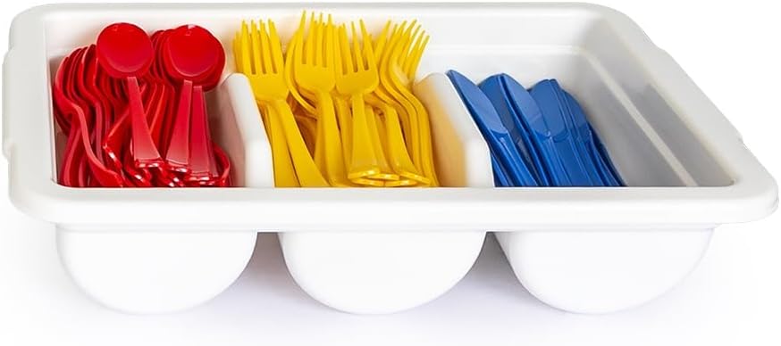 2 Pack - Cutlery Bin with Lid, Commercial 3-Compartment Flatware Tray with Cover, Silverware Storage Plastic Container, Restaurant Condiments Holder, Covered Utensil Organizer Box, White
