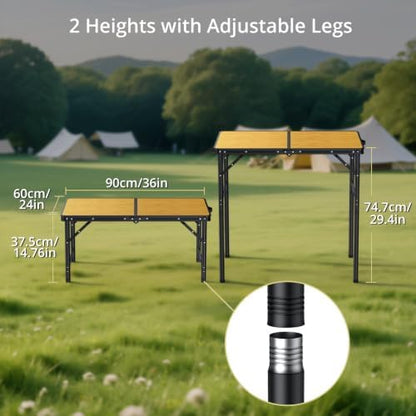 Anbte 3ft Folding Camping Table Max 29.5", 2 Adjustable Height, Yellow