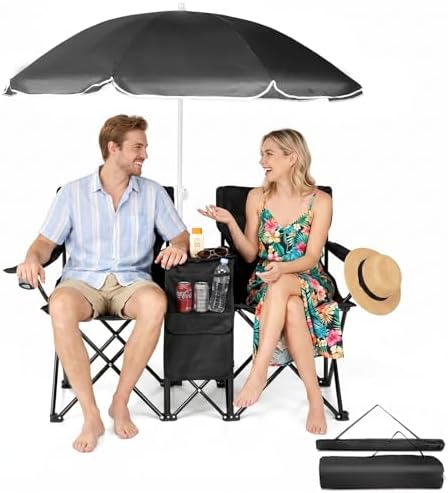 Outvita Folding Double Camping Chair w/Umbrella, Cooler for Beach Patio L