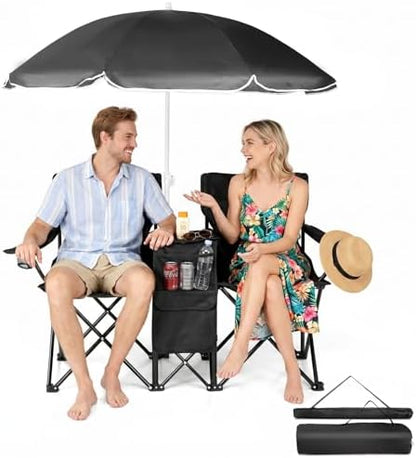 Outvita Folding Double Camping Chair w/Umbrella, Cooler for Beach Patio L