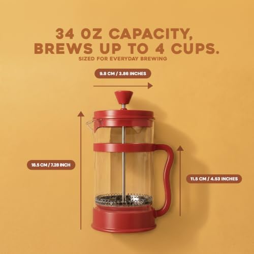 Utopia Kitchen Borosilicate Glass French Press Coffee Maker 34 Oz, Red