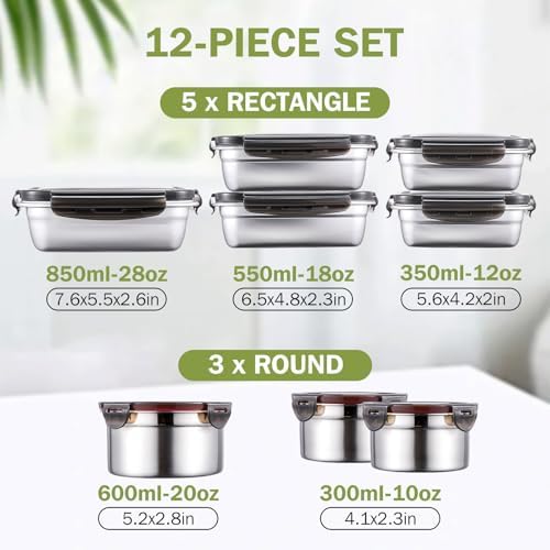 8 Pcs 304 Stainless Steel Food Storage Containers with Lids Leakproof, Reusable Airtight Meal Preparation Container Round and Square Stackable Food Container for Kitchen Picnic(Black Lids)