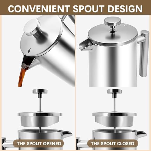 French Press Coffee Maker, 304 Grade Stainless Steel French Press with 2 Extra Filters for Home, Office, Travel, Camping - 34OZ/1 Litre (Sliver)