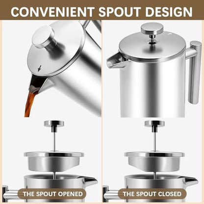 French Press Coffee Maker, 304 Grade Stainless Steel French Press with 2 Extra Filters for Home, Office, Travel, Camping - 34OZ/1 Litre (Sliver)
