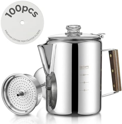 Coffee Percolator with 100pcs Coffee Filters - 12 Cups | Durable Stainless Steel Material Camping Coffee Pot| Brew Coffee On Fire, Grill or Stovetop | Ideal for Home, Camping