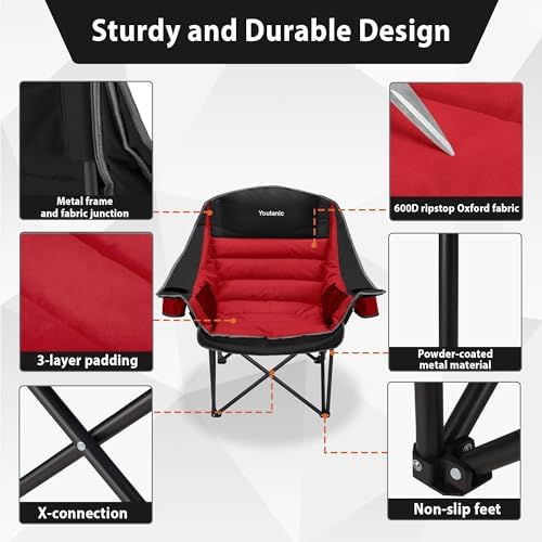 Youtanic Oversized Padded Camping Chair, Portable Folding Camping Chairs
