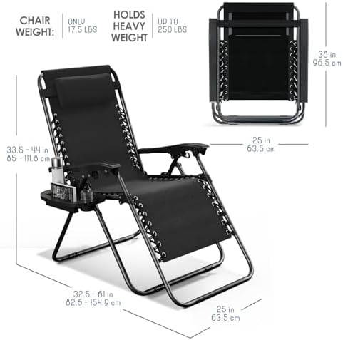 Nestl Zero Gravity Chairs Set of 2, Patio Lounge Chair Outdoor with Pillows & Cup Holder Trays, Adjustable Steel Mesh Reclining Camping Chair, Folding Patio Lawn Chair for Deck, Beach, Yard - Black