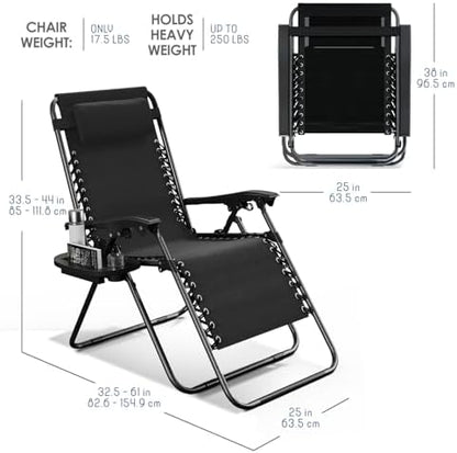 Nestl Zero Gravity Chairs, Portable Patio Lounge Chair Outdoor with Pillows & Cup Holder Trays, Adjustable Steel Mesh Reclining Camping Chair, Folding Patio Lawn Chair for Deck, Beach, Yard - Black