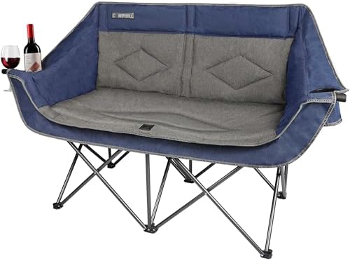 Oversized Double Camping Chair-Heavy Duty 2 Person Folding Loveseat Camp Couch for Adults,Portable Outdoor Lawn Chairs with Padded Seat for Fishing,Sports and Patio,Supports 500 LBS,Blue