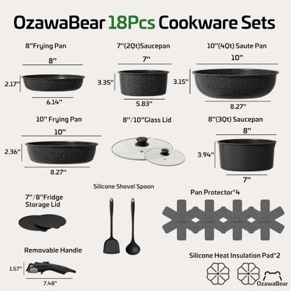 18 Pcs Pots and Pans Set Non Stick, Detachable Handle Cookware