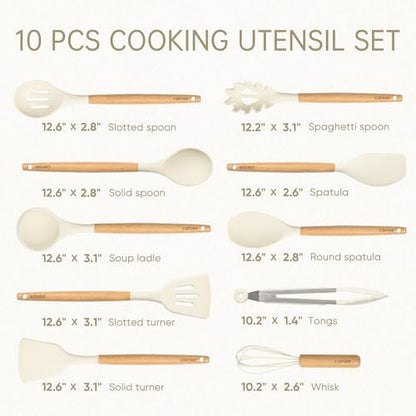 CAROTE 10-Piece Kitchen Utensils Set with Wood Cool-Touch Handles, Cream