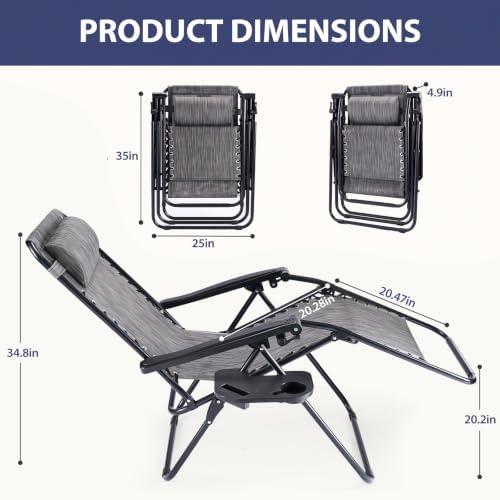 Sweetcrispy Zero Gravity Chairs, Set of 4 Portable Recliner Beach Camping Patio Outdoor Folding Lounge Chair with Cup Holder Trays and Adjustable Pillow for Poolside, Garden, Backyard, Lawn, Grey