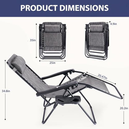 Sweetcrispy Zero Gravity Chairs, Set of 4 Portable Recliner Beach Camping Patio Outdoor Folding Lounge Chair with Cup Holder Trays and Adjustable Pillow for Poolside, Garden, Backyard, Lawn, Grey