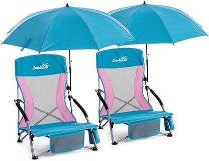 Folding Beach Chair with Umbrella for Adults, 2 Pack Portable Low Beach Chairs with 300lbs Capacity, Lightweight Fodable Camping Chair for Travel, Picnic, Concert & Outdoor Activities, Blue-Pink