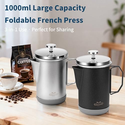 MERMOO YILAN French Press 1000ml, Camping Coffee Press, Foldable Handle